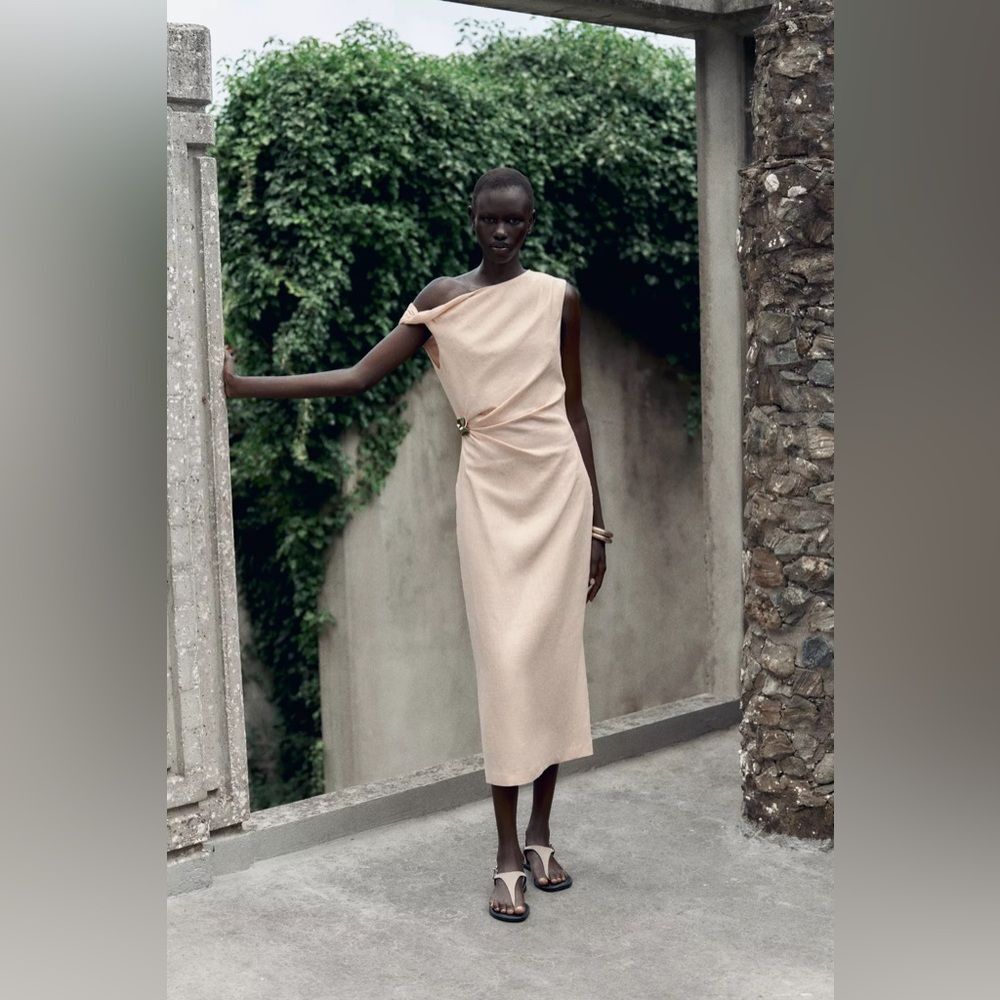 ZARA ASYMMETRIC LINEN-BLEND MIDI DRESS WITH APPLIQUÉ - Picture 10 of 10